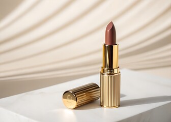 A mockup of a luxurious lipstick standing upright with its cap placed beside it, displayed against a minimalist, luxurious beige background. design illustration