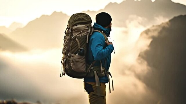 A cinematic, slow-motion shot of a hiker putting on a large backpack, a powerful moment of starting a new journey and adventure.