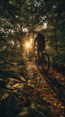Mountain biking adventure in enchanted forest outdoor sports nature sunset view