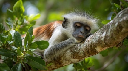 Obraz premium A monkey peacefully sleeps on a sturdy tree branch, nestled among vibrant green leaves. Sunlight filters through the foliage, creating a serene atmosphere in the wild.