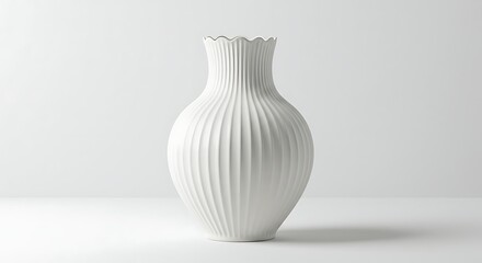 Elegant White Vase on White Background with Vertical Ridges in Minimalist Style and Modern Design