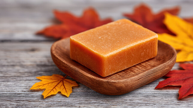 Pumpkin spice soap bar on wooden dish surrounded by autumn leaves creating warm and cozy everything fall atmosphere
