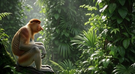 Fototapeta premium Proboscis Monkey Sitting in Forest