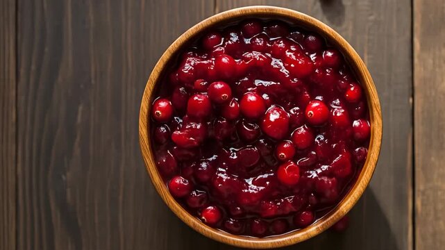 Wood bowl filled with homemade cranberry sauce sitting on a rustic wood table