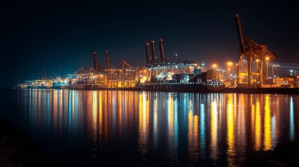 Fototapeta premium Nighttime industrial port aesthetic reflections on maritime operations and urban landscape