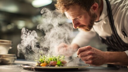 Chef preparing gourmet dish in modern kitchen culinary art professional environment close-up view