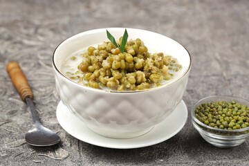 Bubur Kacang Hijau. Mung bean porridge, or often shortened to burjo, is an Indonesian sweet porridge made from green beans, coconut milk, and palm sugar or cane sugar.