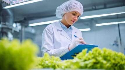 Food safety inspection of fresh produce in greenhouse setting professional close-up quality control