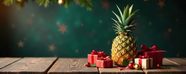 A festive pineapple replaces traditional tree; gifts surround it on wooden table , holiday season, copy space, unique christmas