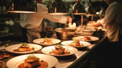 Culinary mastery in action gourmet dishes being prepared in a bustling restaurant kitchen