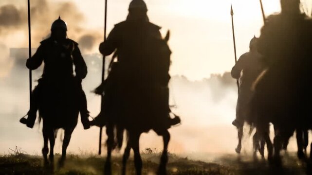 Medieval army charging at dawn