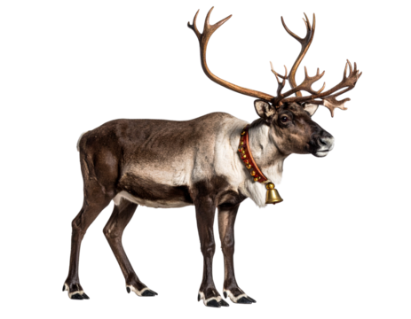 Classic Christmas Reindeer with Red Nose and Harness, Standing Pose, Transparent Background.