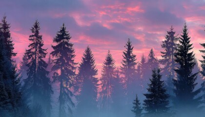 Silhouetted pines against a vibrant pink and purple sunset sky
