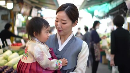 Korean Mother and Child in Traditional Hanbok at Market