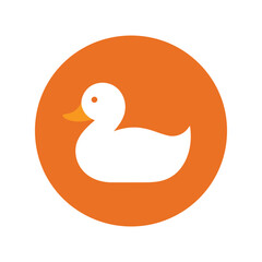 Cute white duck illustration in orange circle simple cartoon animal icon isolated vector graphic