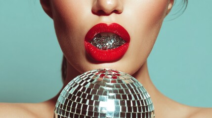 A model poses in a studio with a mirrored disco ball, showcasing striking red lips and a glittering grill that reflects light. The vibrant setting highlights her makeup and fashion