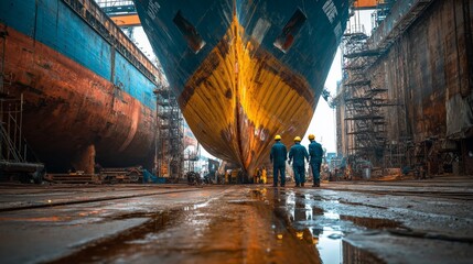 Ship repair workers engage in vessel maintenance at industrial dock urban setting close-up view