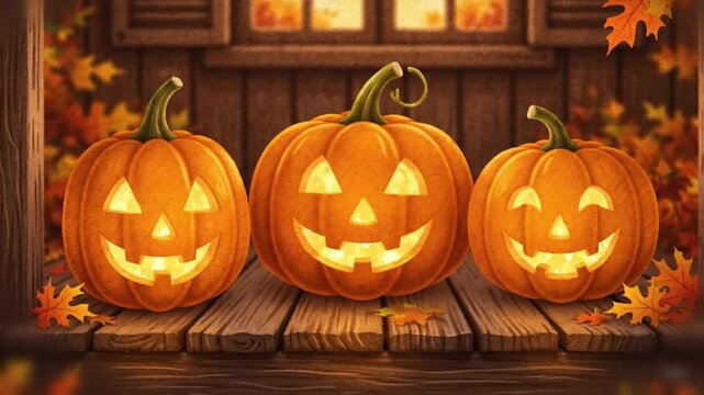 Triplets weird jack o lantern pumpkin glowing in a porch, old vibes halloween video