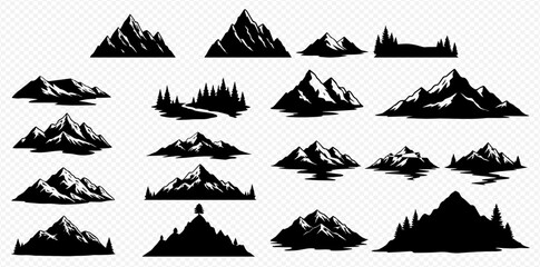 A diverse collection of black mountain and forest silhouettes, featuring various peaks and natural landscapes for graphic design. © Adji
