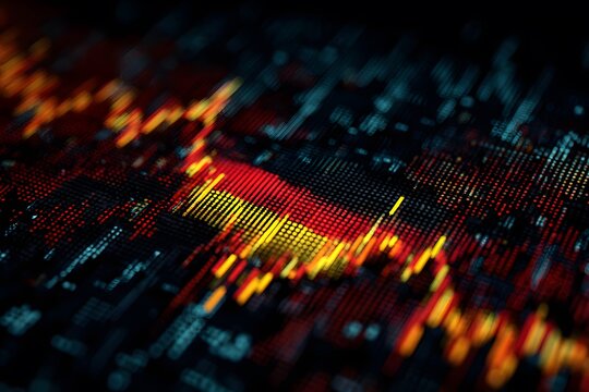 A German flag is flying in front of a stock market chart, representing the global fear and safe asset colors of orange, red, blue, and yellow.