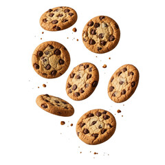 Delicious chocolate chip cookies falling isolated on transparent background