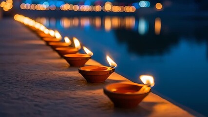 Diwali oil lamps illuminate waterfront, reflecting festive bokeh. Celebrates Hindu festival, deepavali, light over darkness. Indian culture, traditions, spirituality, holiday.