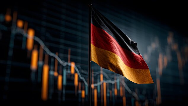 A German flag is flying in front of a stock market chart, representing the global fear and safe asset colors of orange, red, blue, and yellow. 