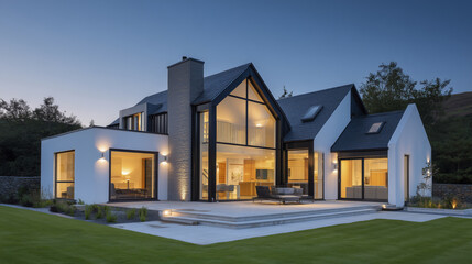 Modern house countryside with white walls, large glass windows, black roof, and outdoor patio, illuminated warmly during dusk, surrounded by