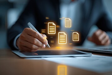 A person's hands hover over a tablet, interacting with digital documents