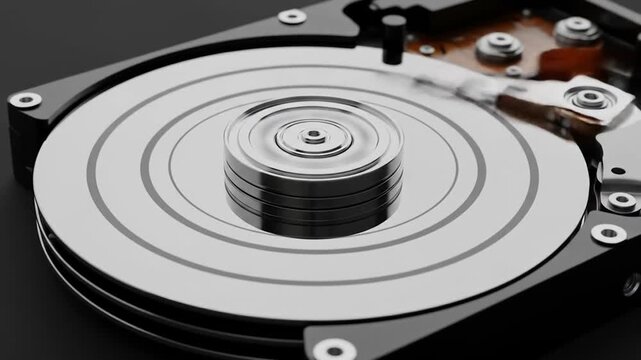 Closeup of an open hard disk drive showing platters and readwrite head