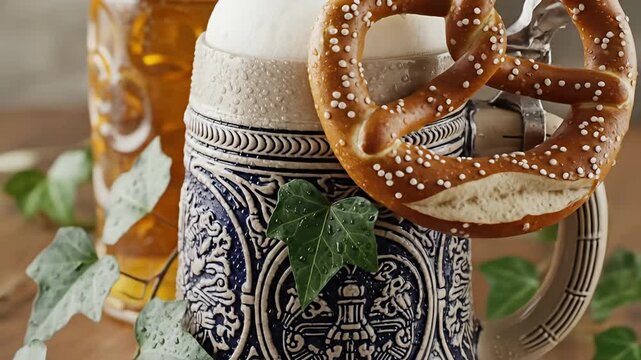 Decorated beer stein with foam, soft pretzel, and ivy, in a soft focus close up