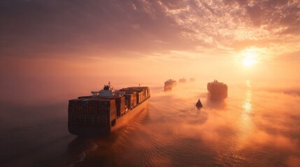 Majestic cargo ships navigating foggy waters at sunrise serene maritime scene aerial view