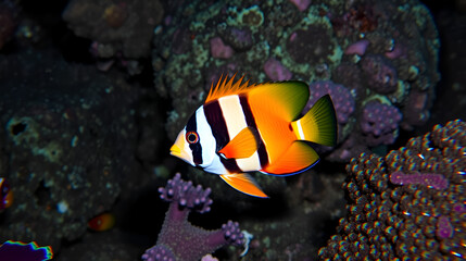 Fototapeta premium A brightly colored queen angelfish in clearly identifiable against the dark backdrop of the reef at that time of day
