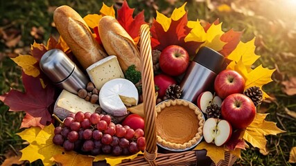 Abundant autumn picnic basket with bread, cheese, apples, pie, and colorful leaves - Powered by Adobe