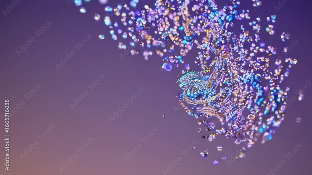 Poster a mesmerizing video of shimmering particles swirling upward against a purple sky, captured from a lo