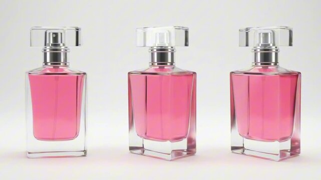 Three pinkliquid perfume bottles line up clear glass cases with metallic spray nozzles