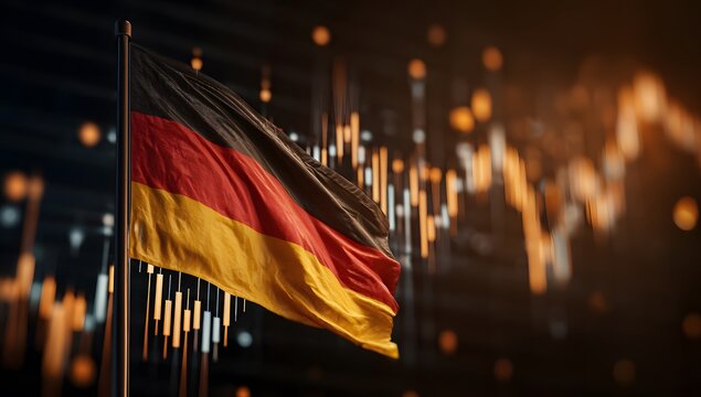 A German flag is flying in front of a stock market chart, representing the global fear and safe asset colors of orange, red, blue, and yellow.  - Powered by Adobe