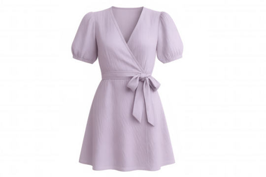 Purple wrap dress with puff sleeves, cinched waistline, elegantly displayed against transparent studio backdrop