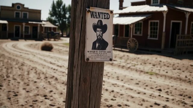 Low-angle shot of a vintage Western wanted poster on a wooden post, with an old town in the background, perfect for a historical video theme.