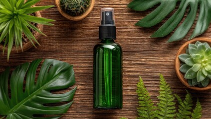 Green spray bottle surrounded by greenery on a wooden surface