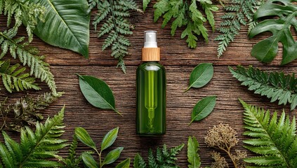 Green bottle spray surrounded by lush foliage on rustic wood