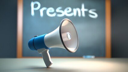Megaphone announces important news on blackboard presentation