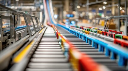 Beautiful photo of modern conveyor belt in a manufacturing facility.