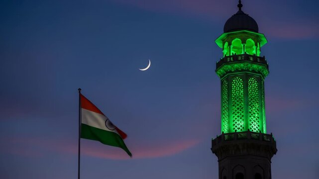 A serene celebration of eid milad un nabi in india with illuminated minaret and crescent moon at dusk maulid mawlid
