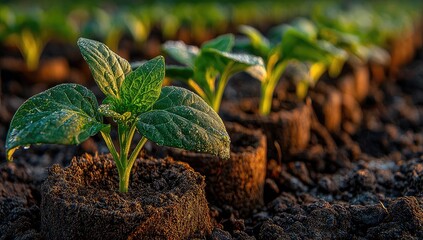 Young pepper plants in the ground, bathed in morning sunlight