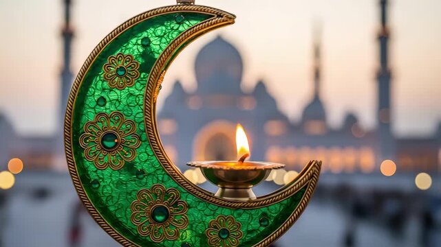 Beautiful decorative crescent moon with traditional glowing diya lamp symbolizing peace and light for indian eid milad un nabi celebration