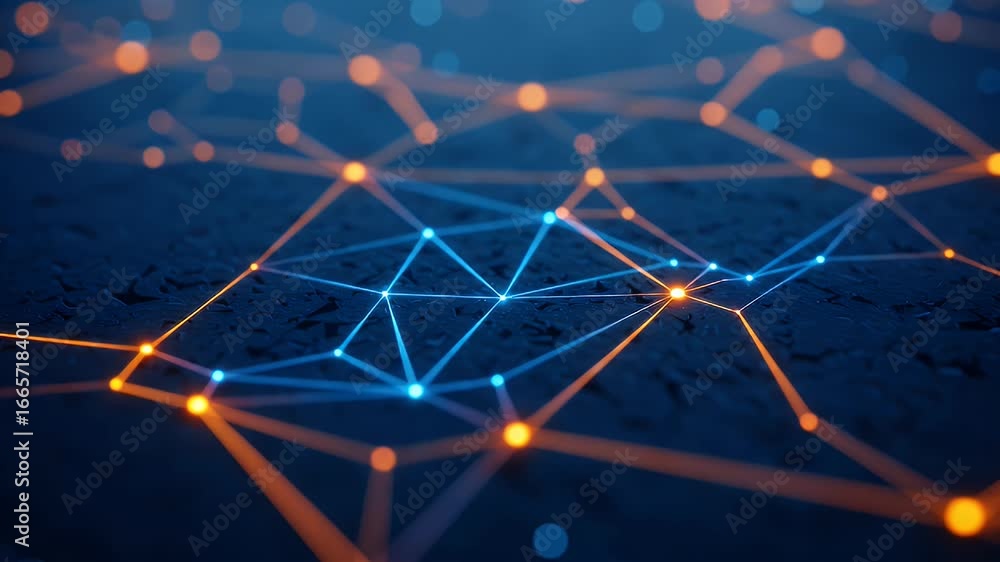 Poster abstract digital representation of connections with glowing orange and blue nodes linked by lines