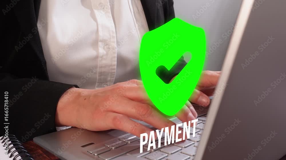 Poster Online payment made correctly. Close-up of a businesswoman working on her computer with an animation of a shield with a check mark and the word 