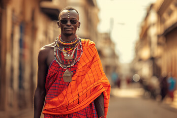 Maasai in traditional shuka with jewelry and sunglasses on city street