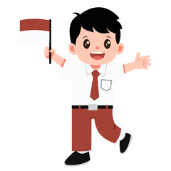 Schoolboy waving Indonesia Flag. Cartoon illustration.